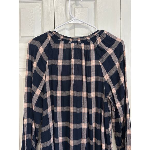 American Eagle NWT Navy Plaid Peasant Blouse XS – Boho Tassel Tie Long Sleeve - Picture 6 of 9